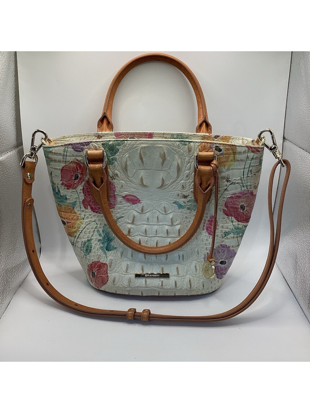 Brahmin Duxbury Multi Papaver Embossed Leather Ivory Floral Satchel Purse